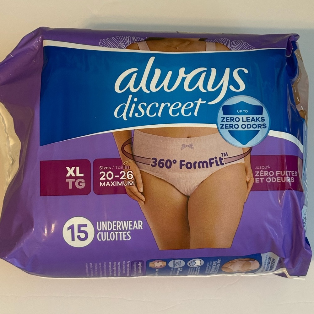 Always Discreet Underwear 360  Form Fit Zero Leaks XL 20-26 Maximum  15 Count